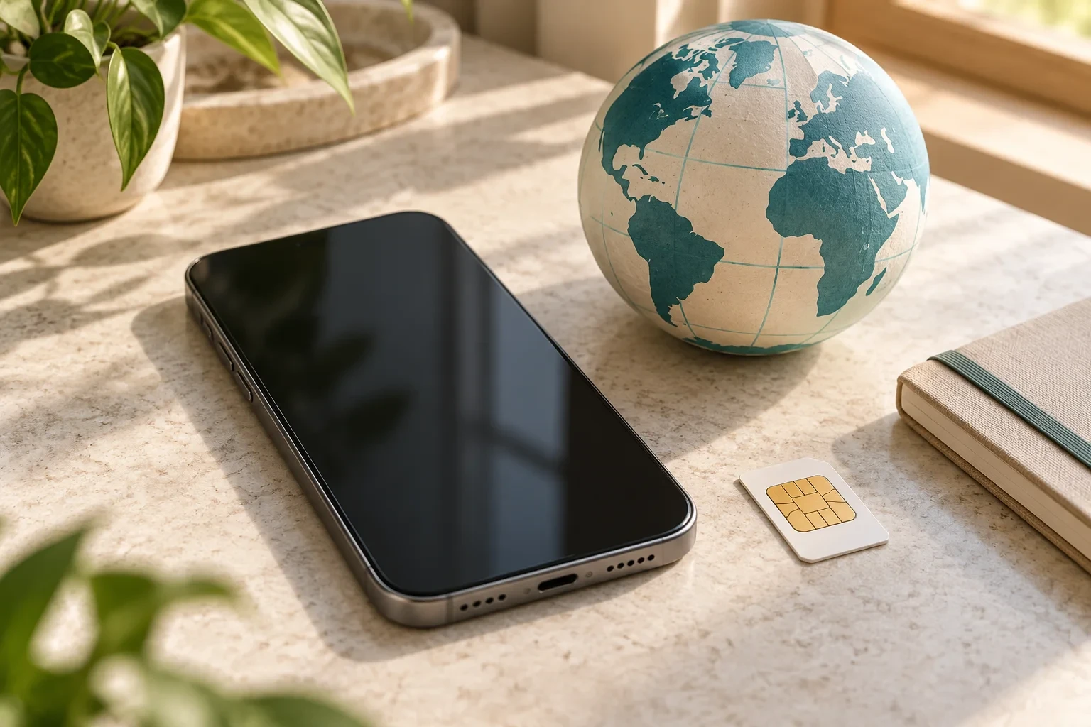 Conceptual illustration of an unbranded phone beside a SIM card, a globe and a closed notebook on a stone surface