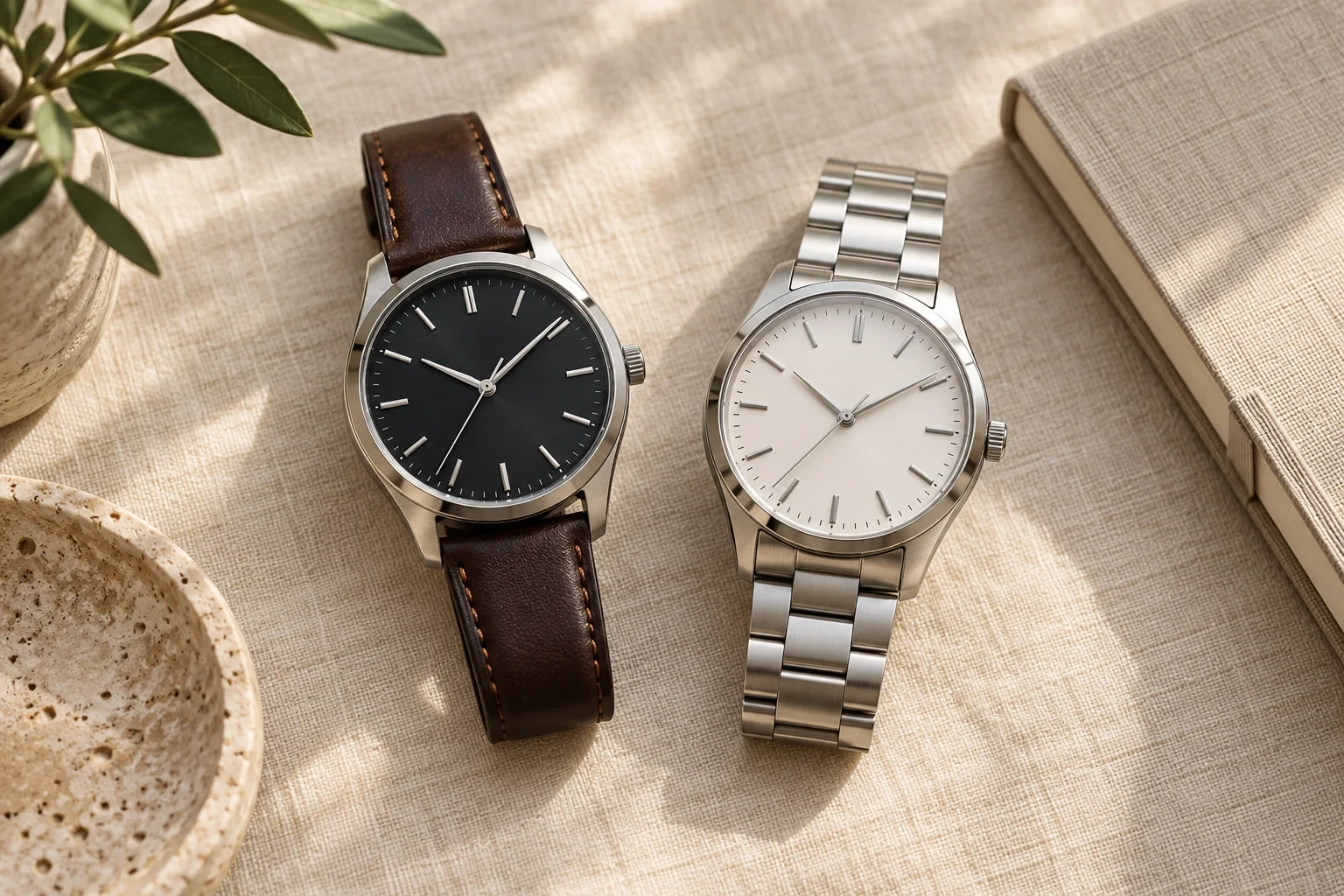 Conceptual illustration of two unbranded analog watches on linen beside a closed notebook