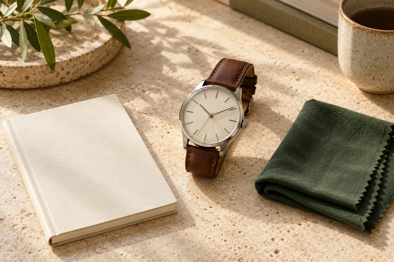 Watch with a strap beside a closed notebook and a cloth