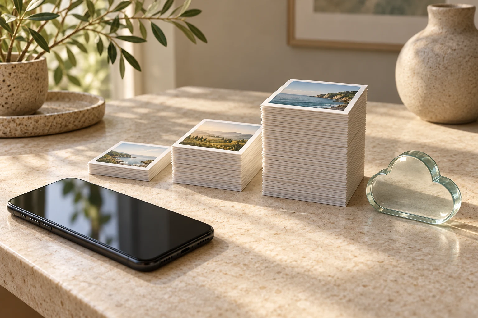 Phone, three stacks of photographs and a glass cloud on a table