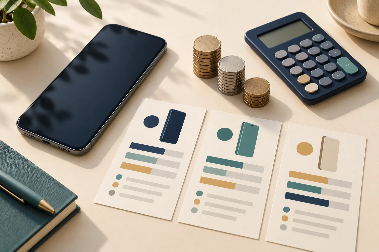 Editorial illustration of an unbranded phone beside a calculator, coins, and comparison cards