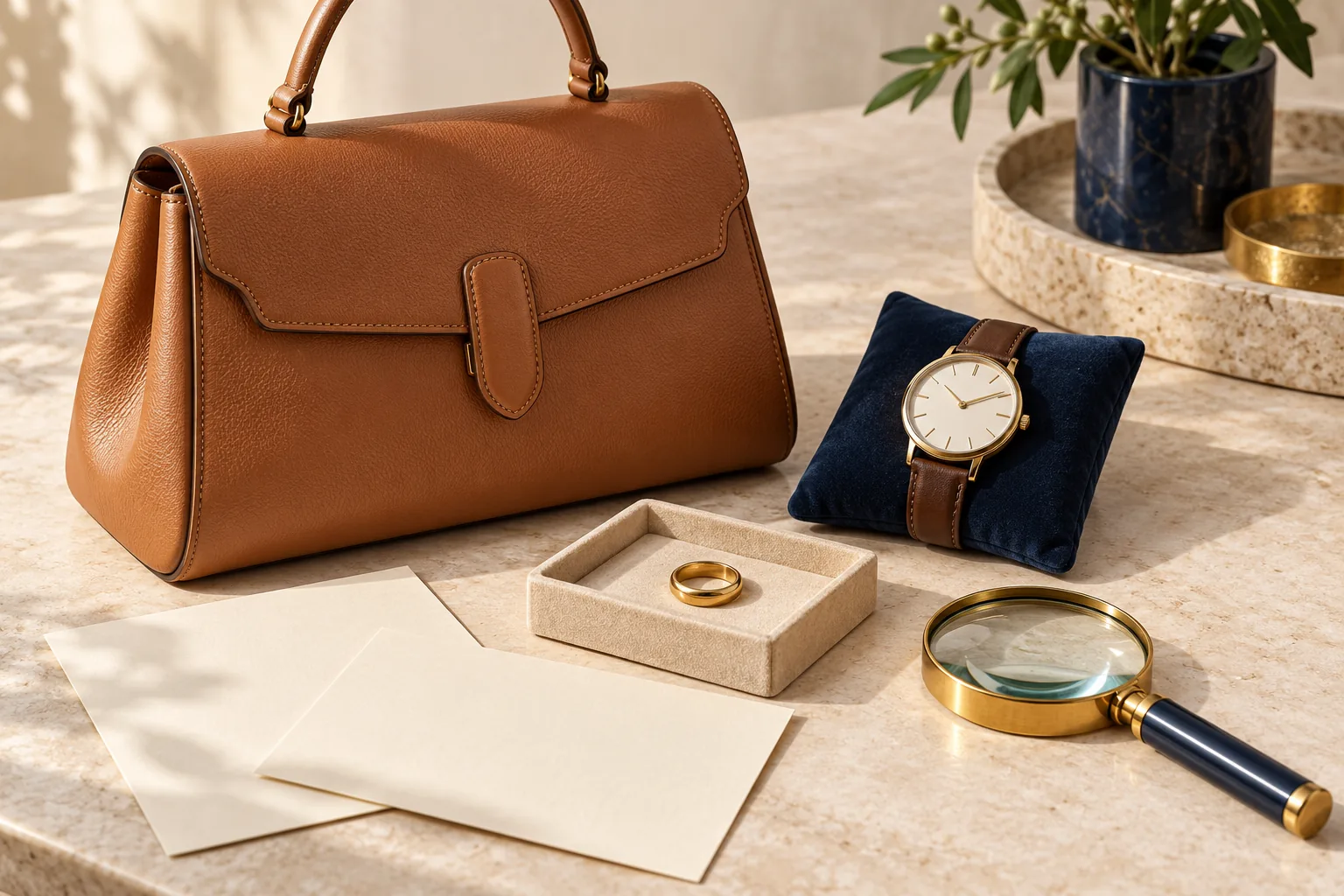 Bolsa marrom, relógio sobre uma almofada azul e anel em uma caixa ao lado de folhas sem texto e uma lupa