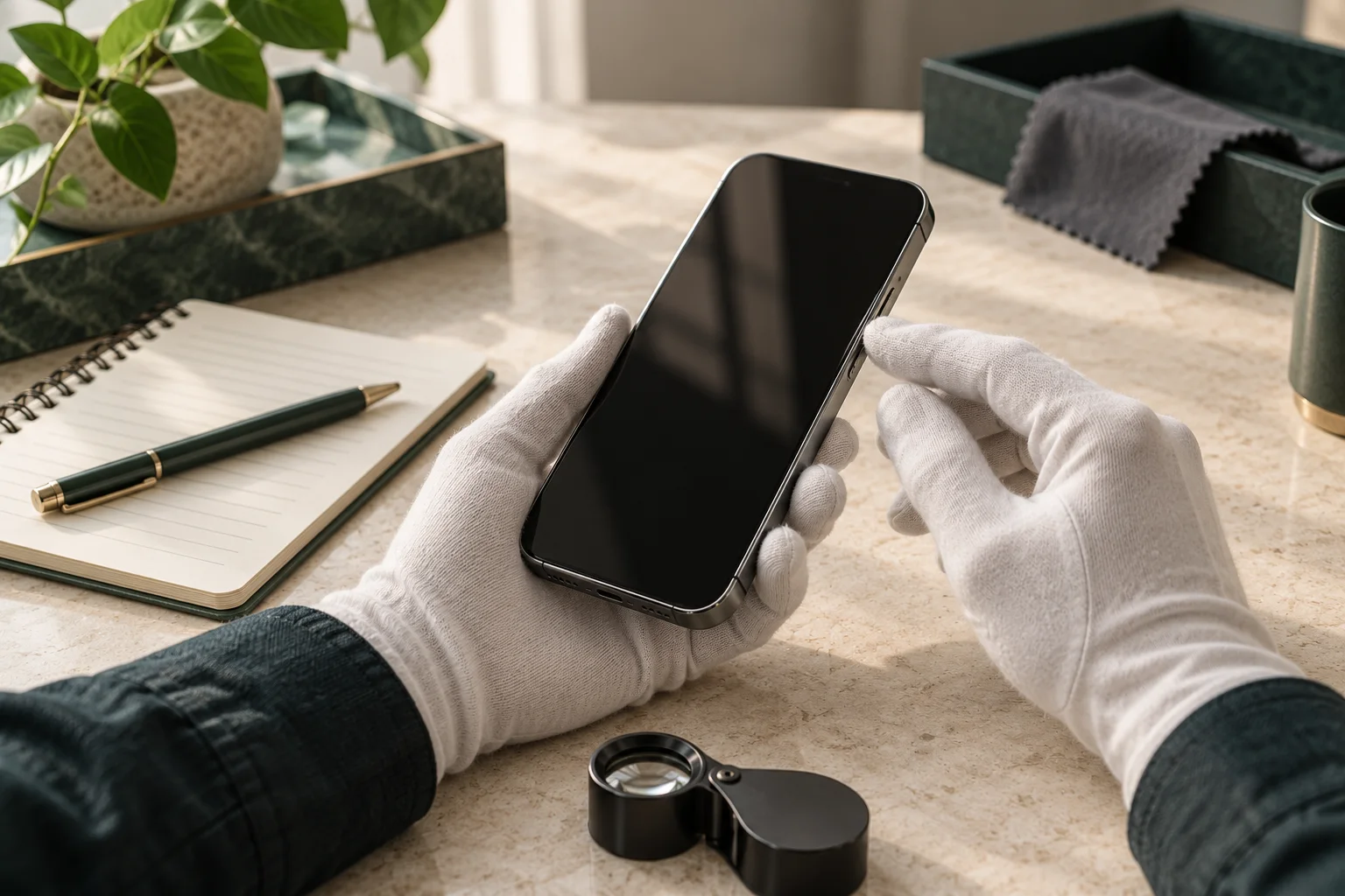 Handen met witte handschoenen bekijken een telefoon naast een notitieboek en een loep