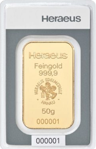 Lingote de oro de 50 g Heraeus