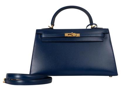 Authentic Hermes Kelly 25 Sellier Blue Veau Box Leather Bag