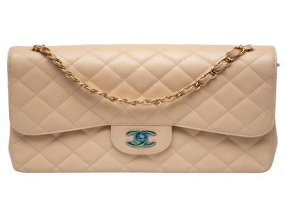 Chanel Classic Double-Flap Beige Leather Chain Shoulder Bag