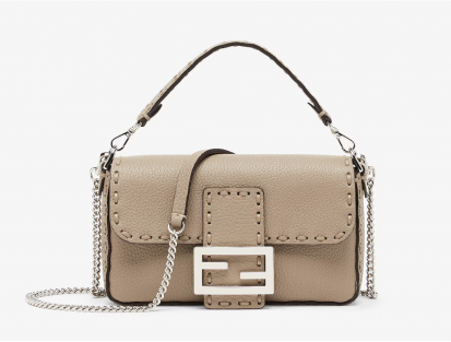 Fendi Baguette Mini Selleria Gray Leather Handbag Italian-made