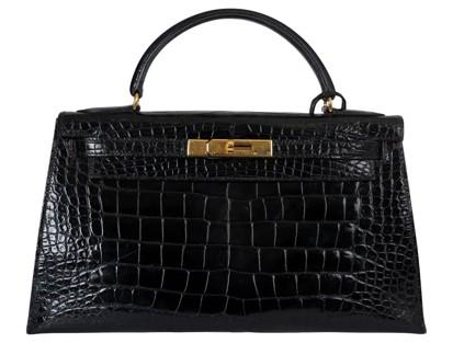 Hermes Croc Kelly 28 Sellier black luxury handbag