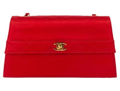 Chanel Night 1991 Red Satin Evening Bag with Gold CC Clasp