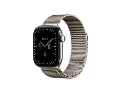 Apple Watch Series 12·42 mm·GPS + Cellular·doğal titanyum·doğal renkli Milanese Loop·S/M