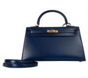 Authentic Hermes Kelly 25 Sellier Blue Veau Box Leather Bag