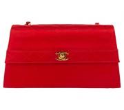 Chanel Night 1991 Red Satin Evening Bag with Gold CC Clasp